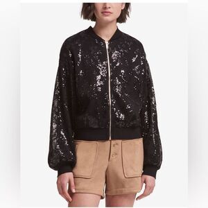 DKNY Sequin Black Bomber Jacket Throwback 90’s Style Medium EUC
